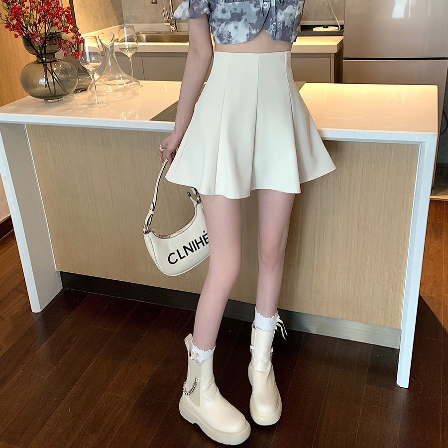 A-line skirt  spring new college style pleated skirt high-waisted short skirt black slimming crotch-covering skirt for women