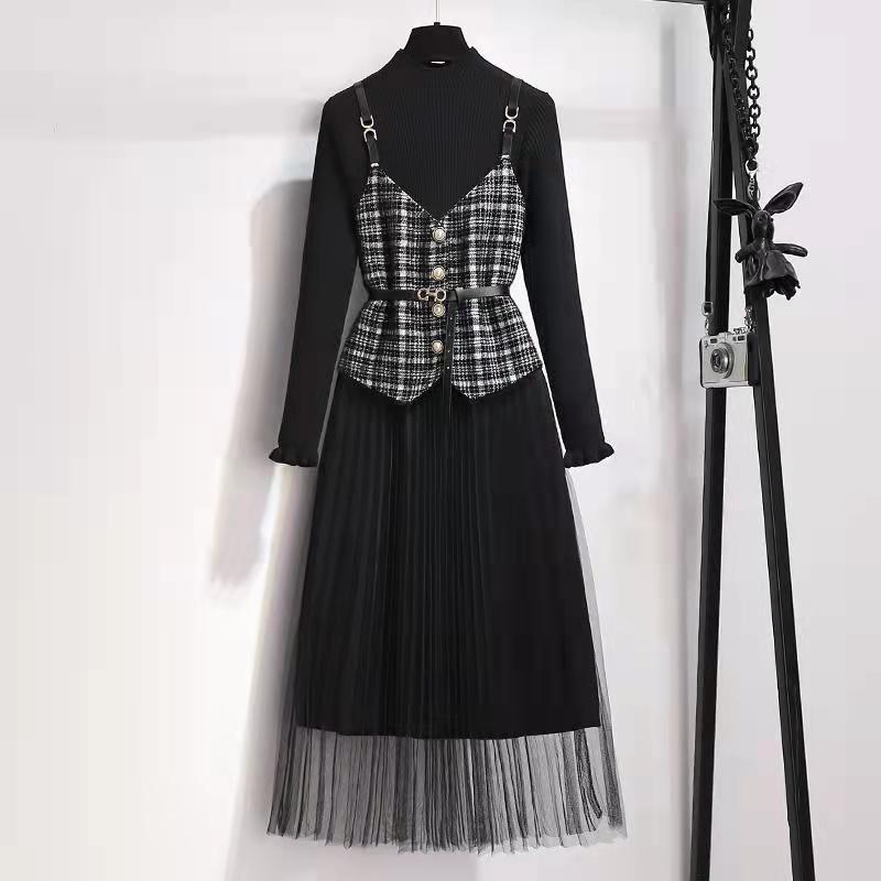 Autumn and winter houndstooth vest two-piece set new foreign style suspender dress Korean version slimming fashion gauze skirt