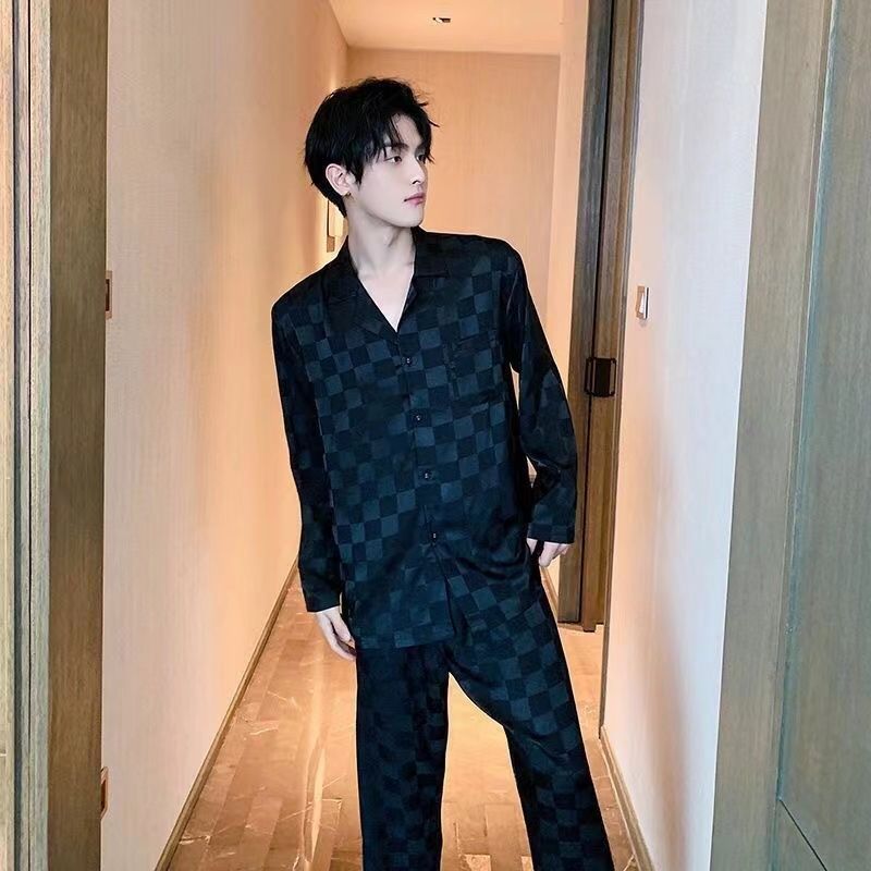 High-end pajamas men's spring and autumn long-sleeved thin ice silk  new large-size home service suit summer