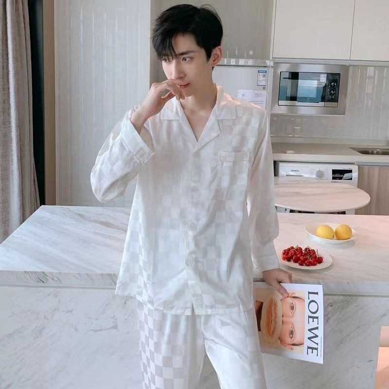 High-end pajamas men's spring and autumn long-sleeved thin ice silk  new large-size home service suit summer