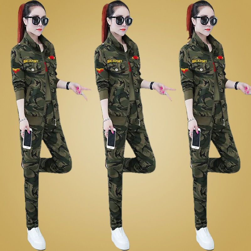 2022 spring camouflage jacket casual sportswear suit women's outdoor army green top three-piece sportswear