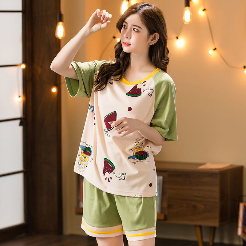 Pajamas women's summer short-sleeved shorts thin two-piece Korean version of the student sweet cartoon summer can wear home clothes