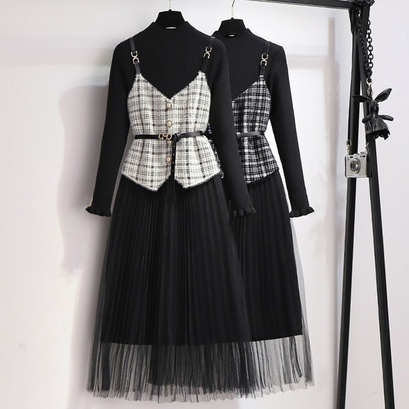 Autumn and winter houndstooth vest two-piece set new foreign style suspender dress Korean version slimming fashion gauze skirt