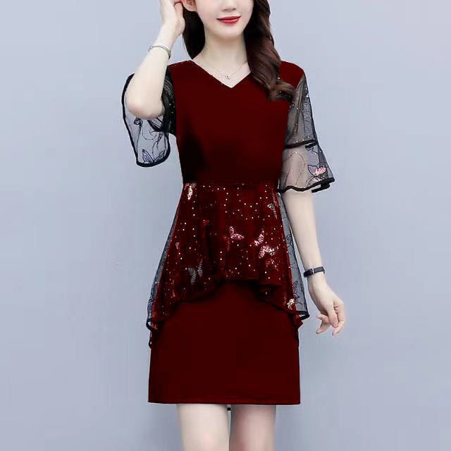 夏季新款韩版时尚连衣裙女显瘦V领遮肚网纱拼接假两件裙子女