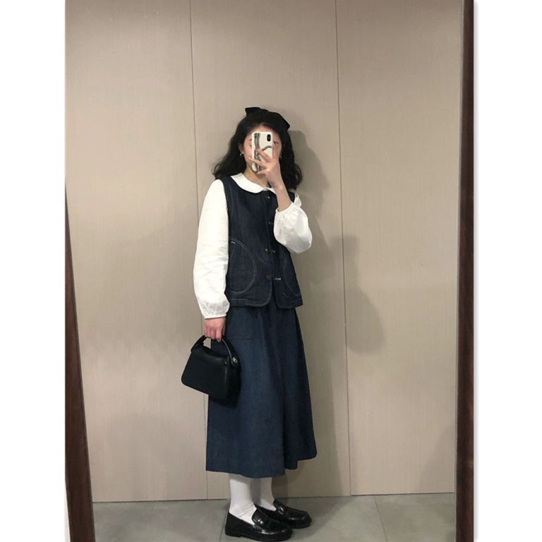 Three-piece suit/one-piece spring and autumn literary retro denim vest top + doll collar shirt + belly-covering skirt