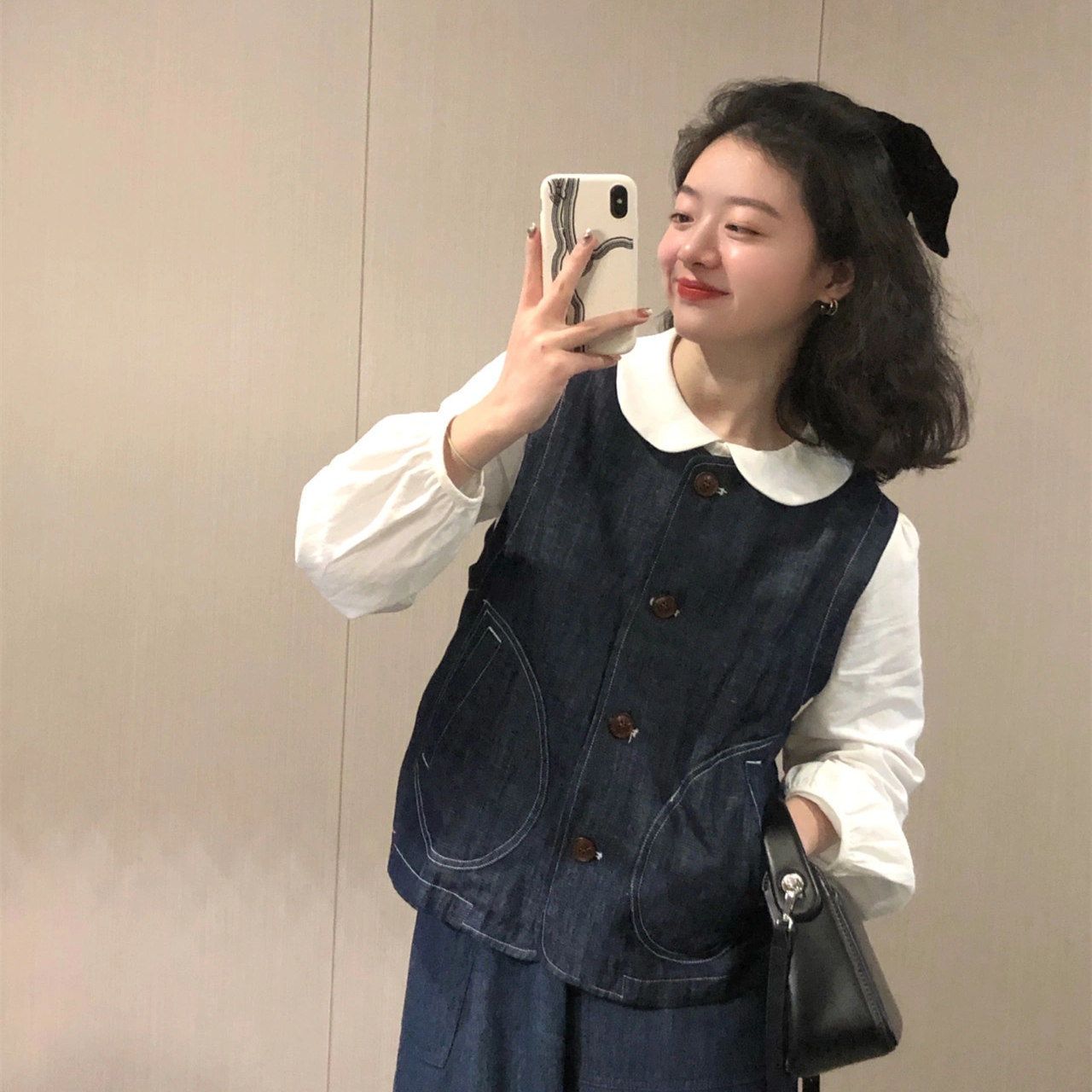 Three-piece suit/one-piece spring and autumn literary retro denim vest top + doll collar shirt + belly-covering skirt
