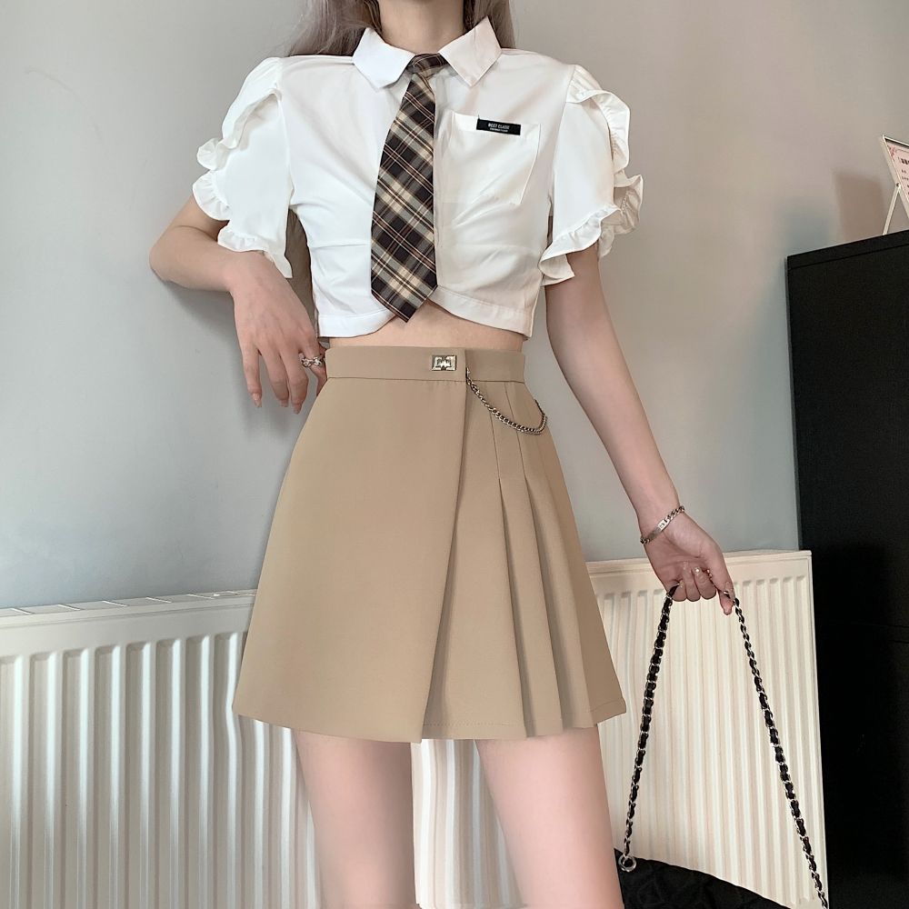 Spring  New College Style Pleated Skirt Design Irregular Skirt Women's High Waist Slim A-Line Skirt