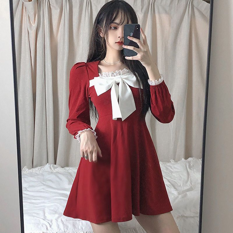 Christmas Sweet Preppy Style Bowknot Dress Female Lace Stitching Princess Sleeves High Waist Slim Slim A-Line Dress