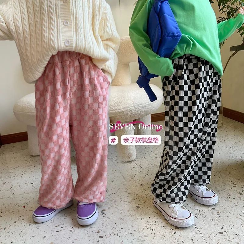 女童褲子2023新款兒童棋盤格休閒闊腿褲寬鬆炸街直筒長褲春裝洋氣