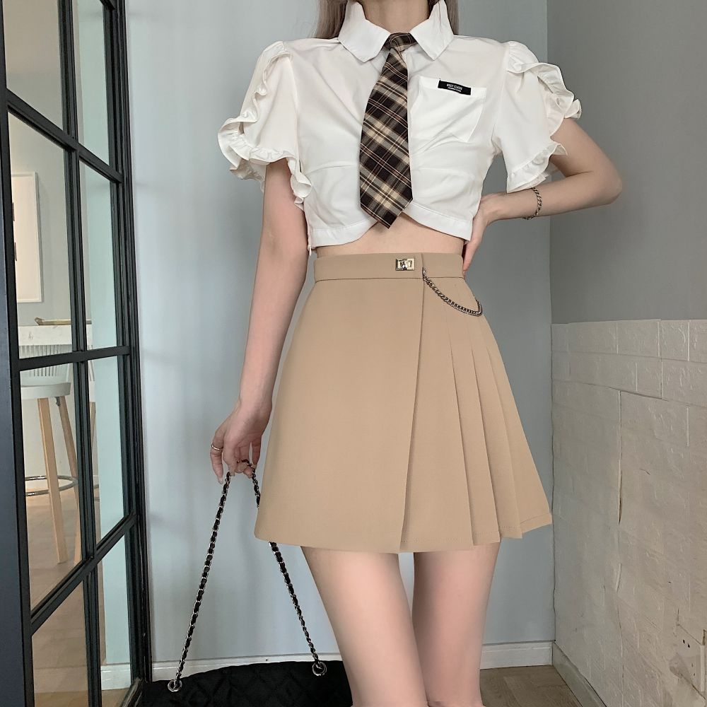 Spring  New College Style Pleated Skirt Design Irregular Skirt Women's High Waist Slim A-Line Skirt