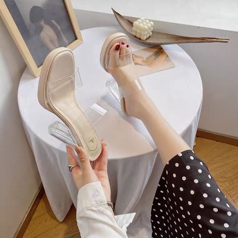 斐娜图网红透明水晶跟凉鞋女2022年夏新款时尚一字带小个子凉拖鞋