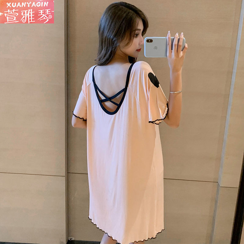 Nightdress women's summer short-sleeved backless sexy lady's outerwear one-piece dress loose simple student home service