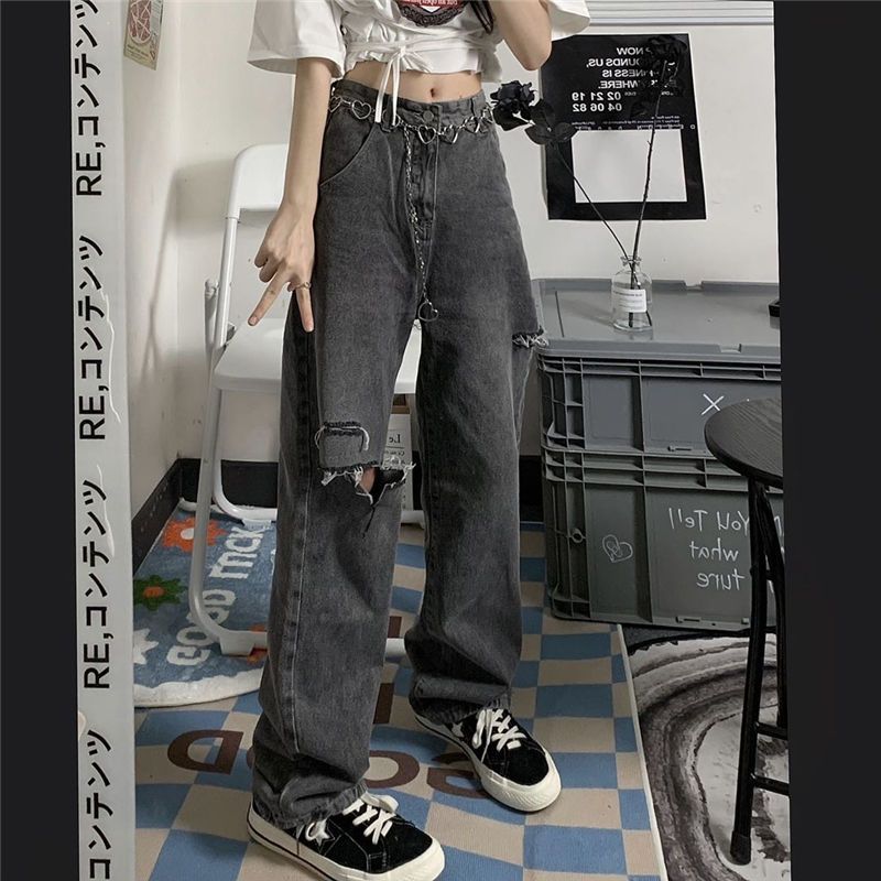 Ripped jeans women's spring and autumn new high street retro loose slim high waist straight wide leg long pants ins tide