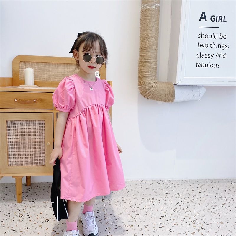 Girls pink dress with puff sleeves skirt 2022 summer new children's Korean princess dress short-sleeved children's long skirt