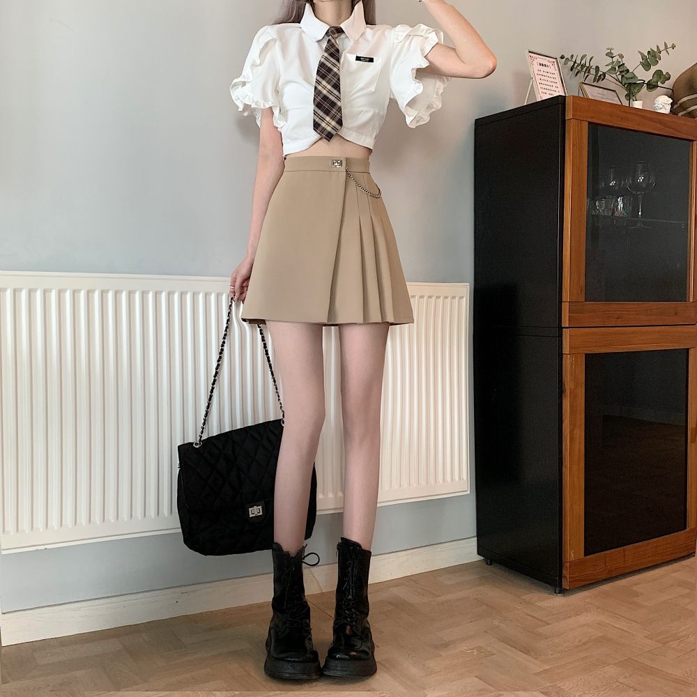 Spring  New College Style Pleated Skirt Design Irregular Skirt Women's High Waist Slim A-Line Skirt