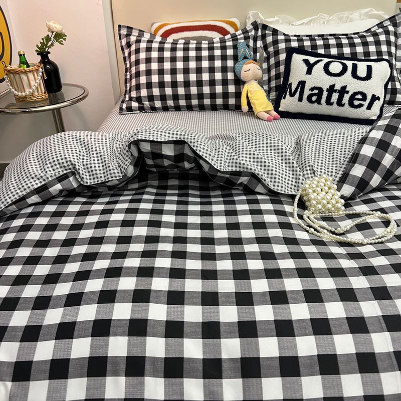 Simple style black and white wave point four-piece single bedding student dormitory plaid bed sheet quilt cover three-piece set