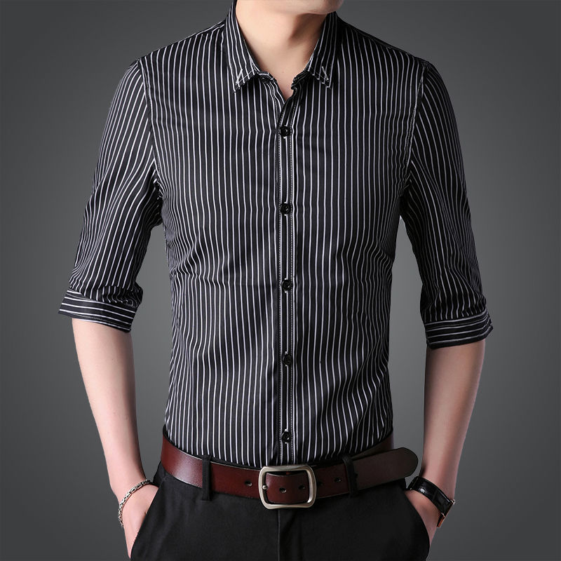 明格唯新款夏季条纹衬衫男士短袖抗皱免烫短袖商务休闲修身长袖潮