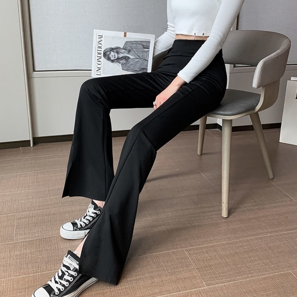 Spring and summer new elastic split pocket bell bottoms women's Korean version high waist slim fit slightly bottomed pants children