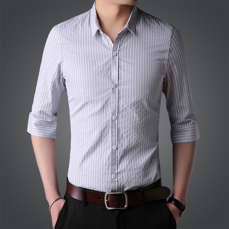 明格唯新款夏季条纹衬衫男士短袖抗皱免烫短袖商务休闲修身长袖潮