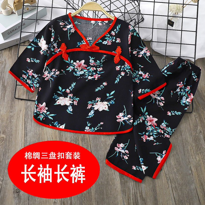 儿童套装女睡衣长袖长裤家居服棉绸东北大花套装汉服花衣服空调服