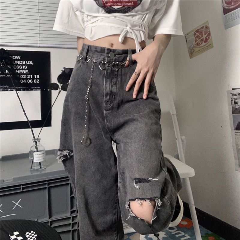 Ripped jeans women's spring and autumn new high street retro loose slim high waist straight wide leg long pants ins tide