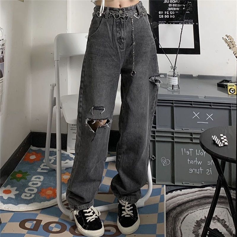 Ripped jeans women's spring and autumn new high street retro loose slim high waist straight wide leg long pants ins tide