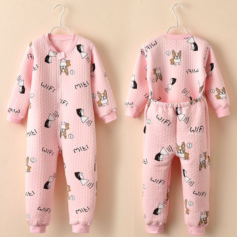 Children's one-piece pajamas women's pure cotton spring, autumn and winter 2-9 years old male baby middle and big children 5 cartoon belly protection thickened
