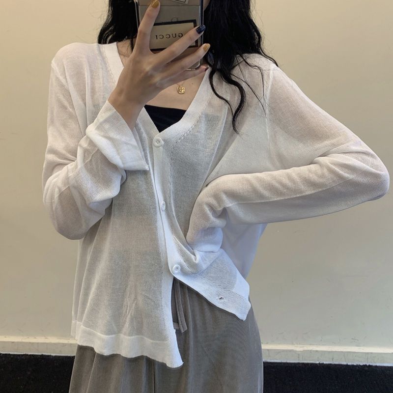 v領上衣開衫外套女冰絲防曬衣長袖薄款外搭披肩夏季短款空調衫潮