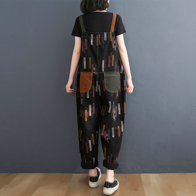 Large size retro fashion printed casual loose high waist denim overalls women's thin section all-match trousers