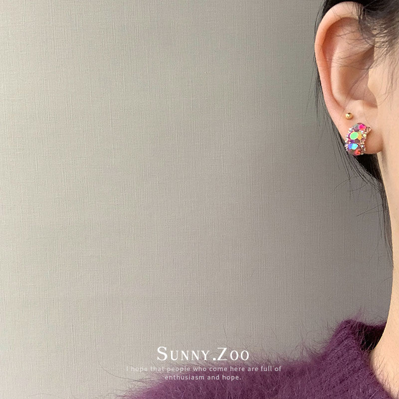 韩国小众耳环复古微醺玫瑰多切面紫粉彩钻C型耳钉小众百搭高级感