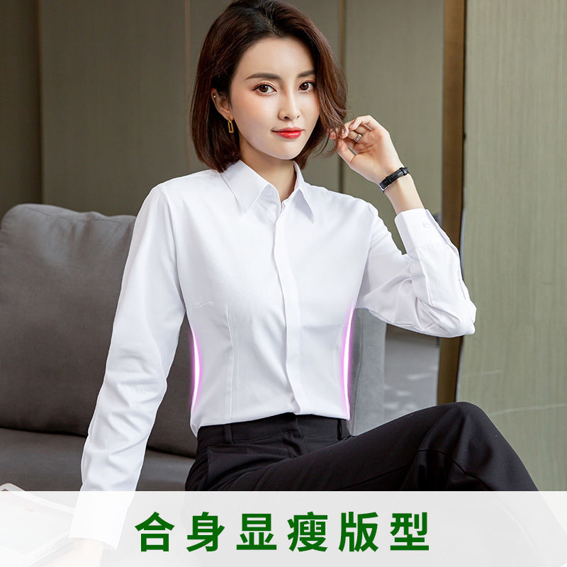 长袖白衬衫女春季新款正装方领黑色短袖职业衬衣修身工装蓝工作服