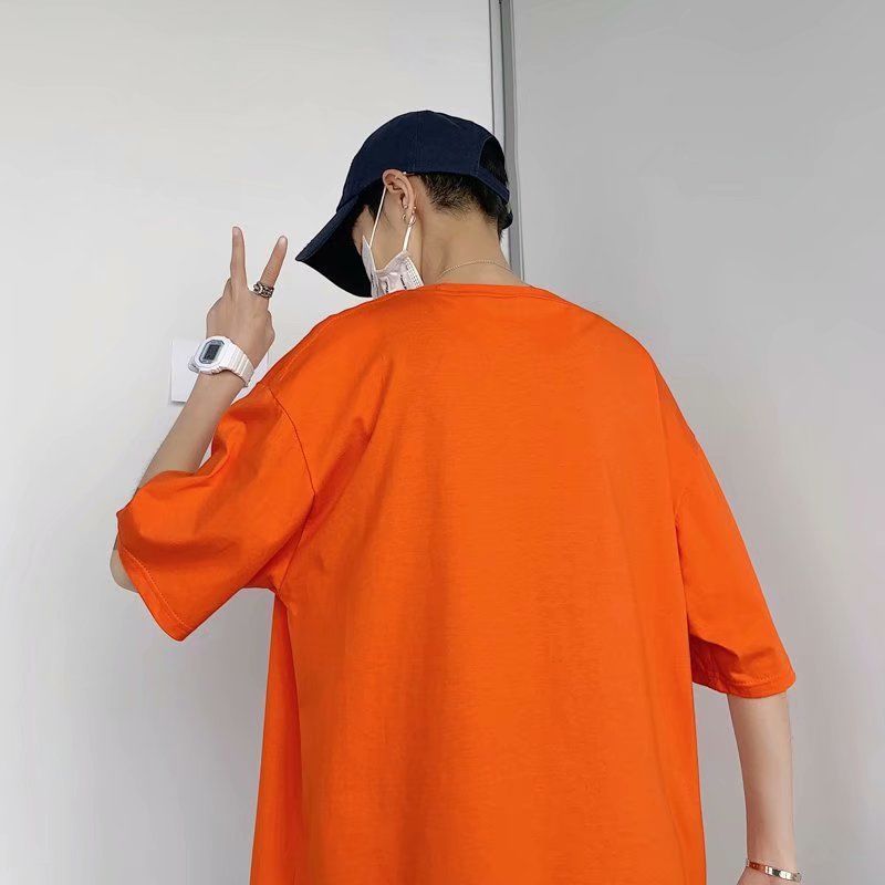 White cotton short-sleeved t-shirt men's summer trend ins loose all-match tops oversize couple five-and-a-half sleeves