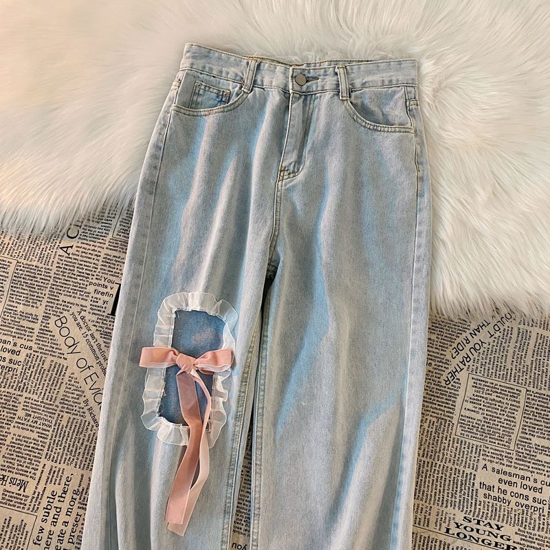 Design sense jeans trousers sweet wind bow tie lace all-match ripped holes high waist straight wide leg pants women
