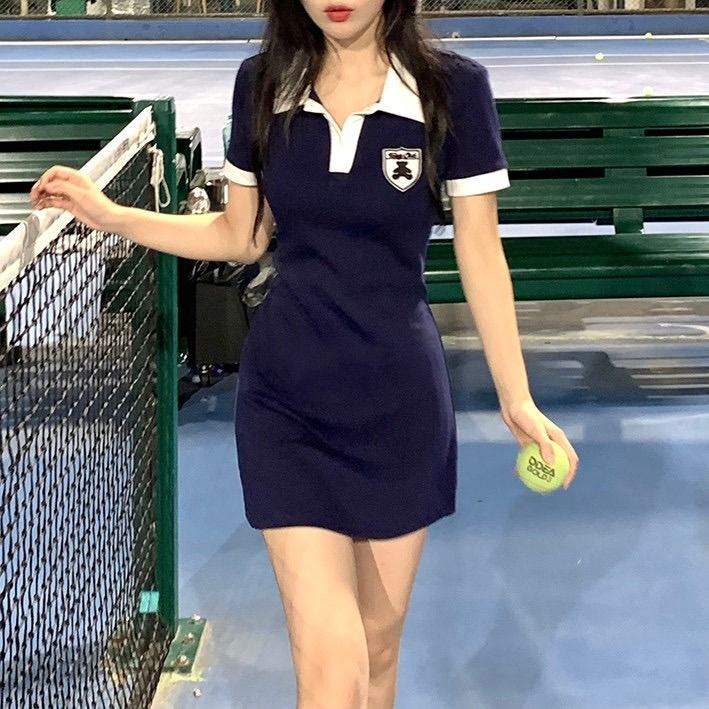 Summer Korean version 2023 new hot girl wind waist slimming contrast color POLO collar embroidery bag hip short-sleeved dress female