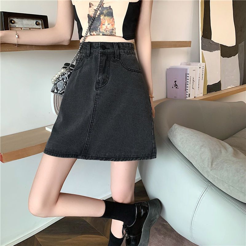 High waist denim skirt women 2022 spring and summer new large size fat mm all-match slim black bag hip a-line skirt