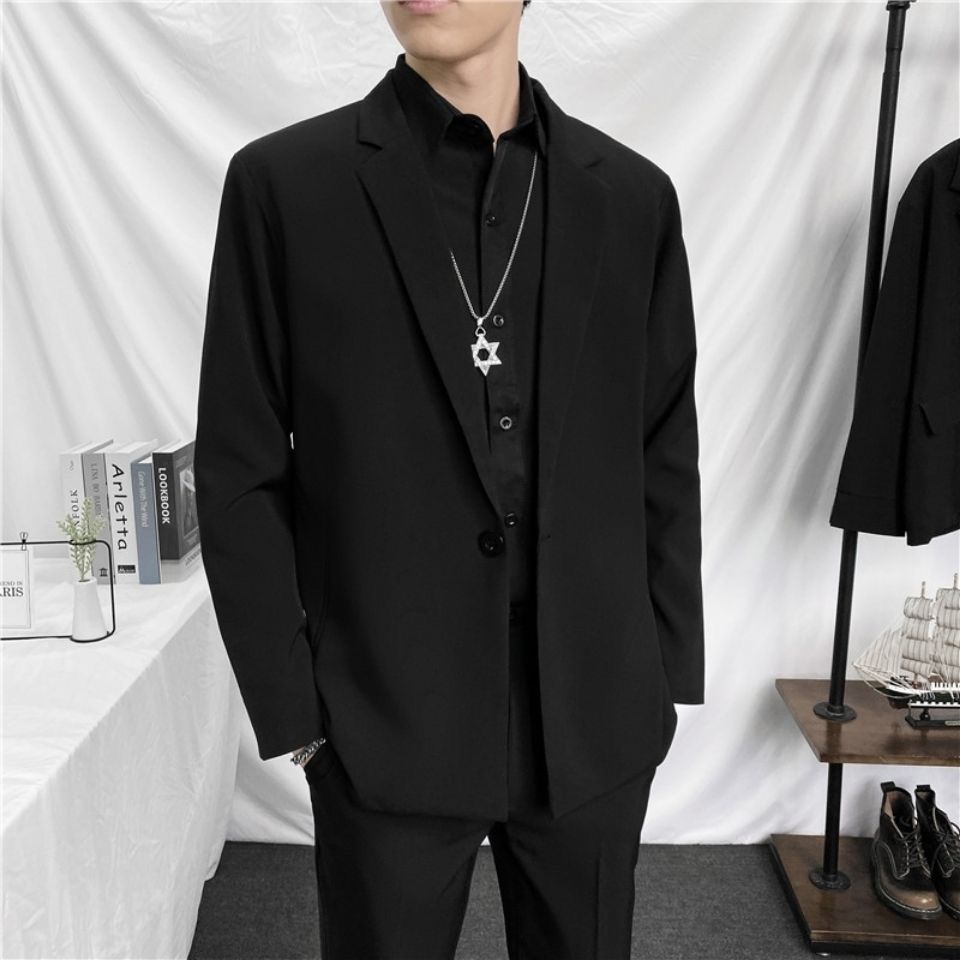 Abstinence Department Black Suit Set Spring and Autumn Men's Suit Jacket Loose Korean Style Handsome Jacket Men's Set