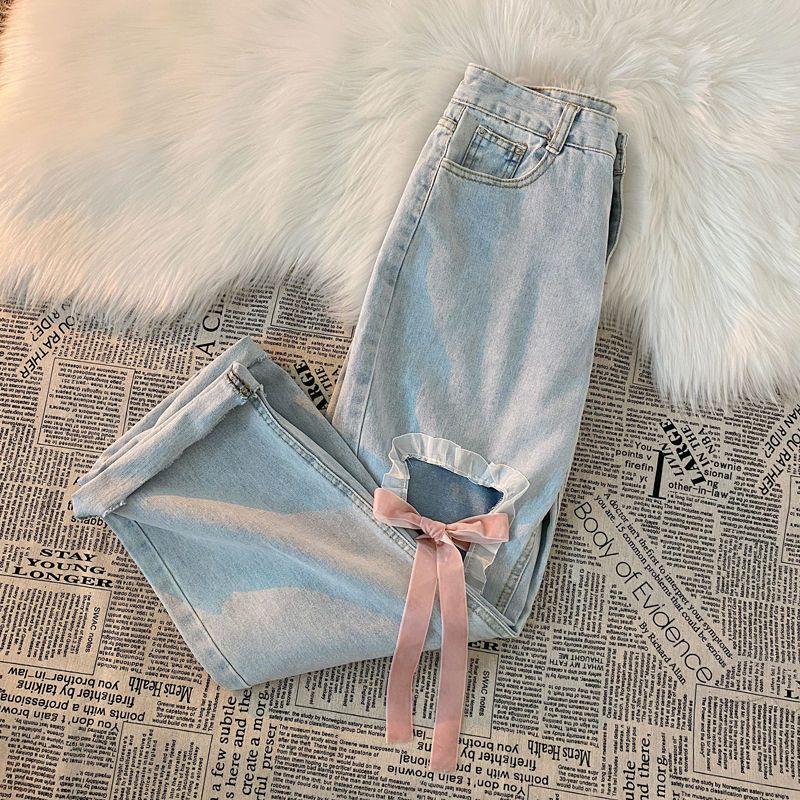 Design sense jeans trousers sweet wind bow tie lace all-match ripped holes high waist straight wide leg pants women