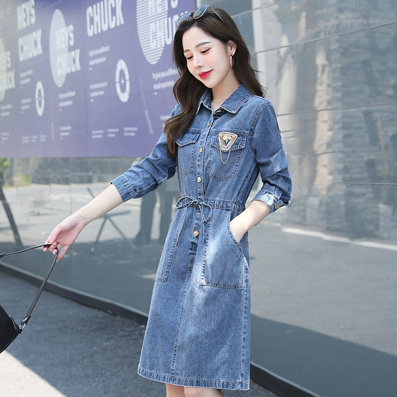 中長款氣質牛仔連衣裙女2023年春秋季新款長袖洋氣減齡開叉a字裙