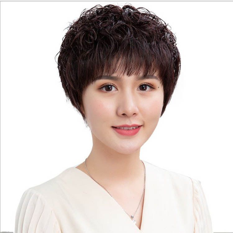 真发假发女短发中老年短卷发自然妈妈假发套真人发丝全头套假头发
