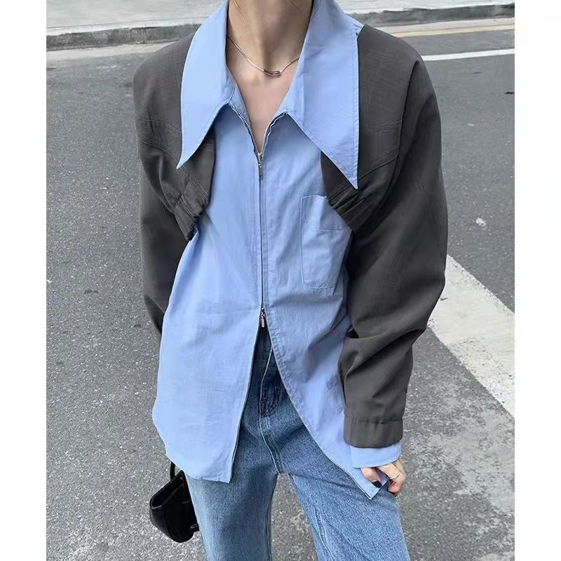 大碼胖mm冷淡風復古高級感襯衫女設計感拉鏈襯衣簡約寬鬆長袖上衣