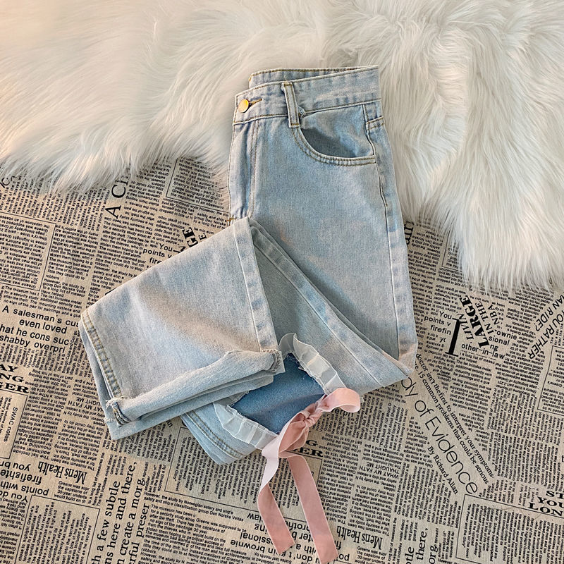 Design sense jeans trousers sweet wind bow tie lace all-match ripped holes high waist straight wide leg pants women