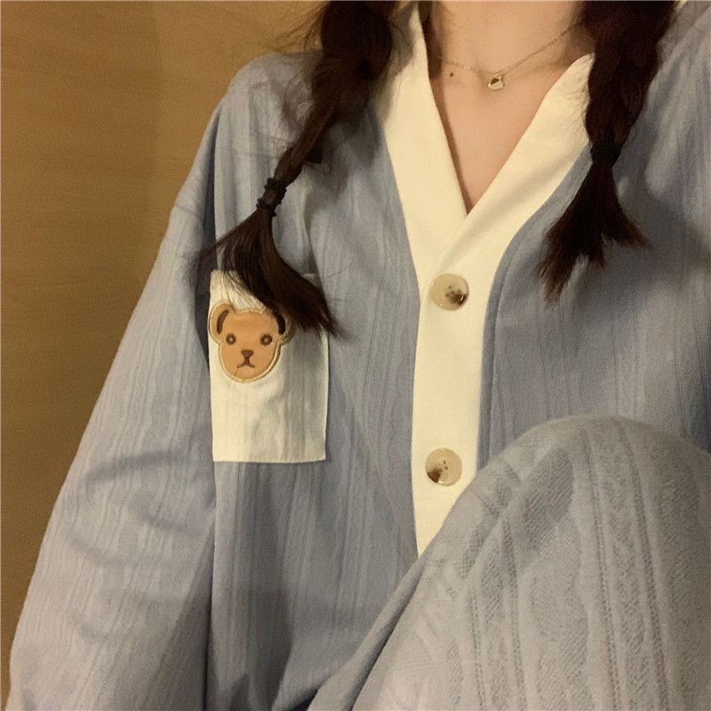 ins風睡衣女春秋長袖對襟甜美可愛小熊無領韓式高顏值家居服套裝