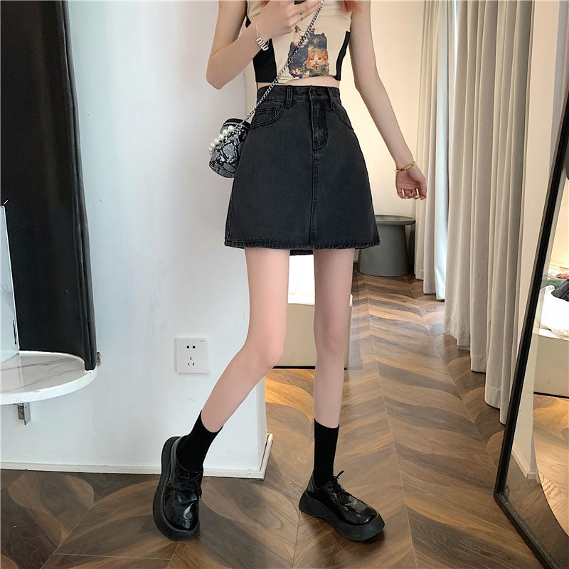 High waist denim skirt women 2022 spring and summer new large size fat mm all-match slim black bag hip a-line skirt