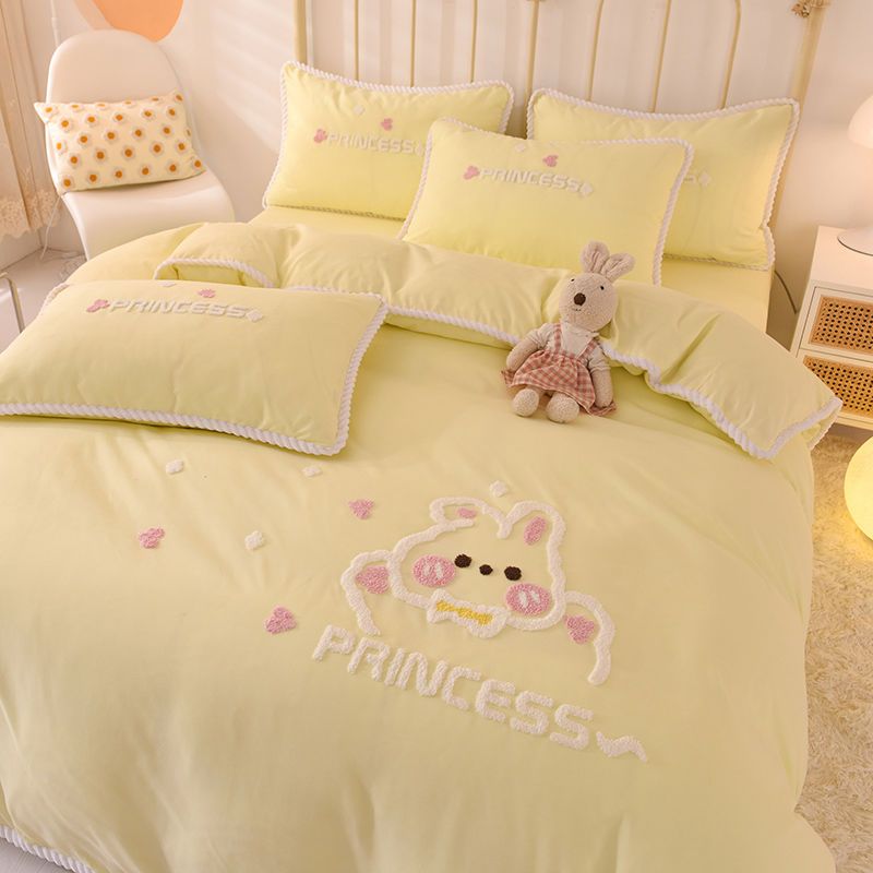 True love bunny cartoon towel embroidery four-piece set daughter's room bedding single girl three-piece set princess style powder