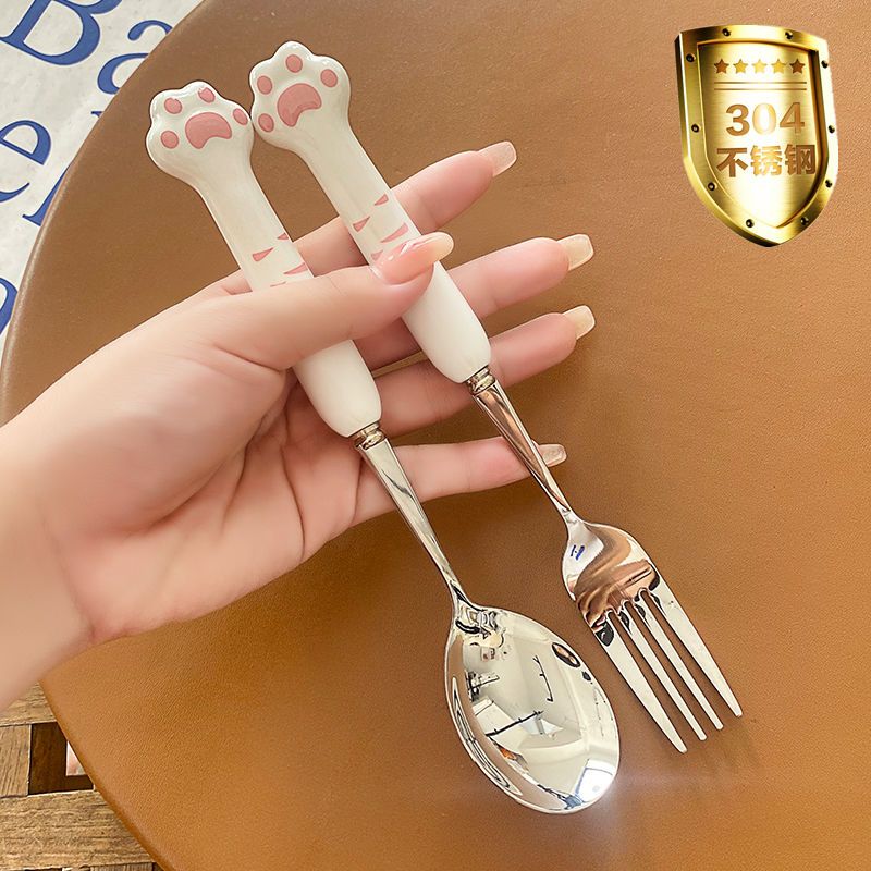 Student portable [three piece set] cartoon soft cute cat claw stainless steel fork spoon chopsticks set box work travel tableware