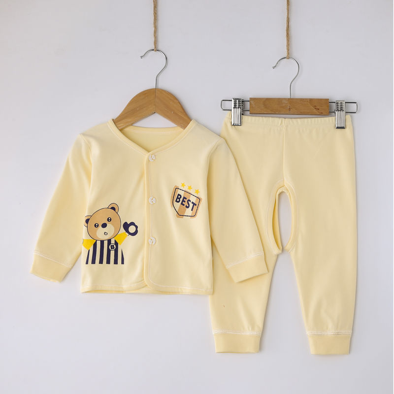 Spring and autumn pure cotton male and female baby open file underwear suit newborn wearing autumn clothes and johns two-piece baby clothes
