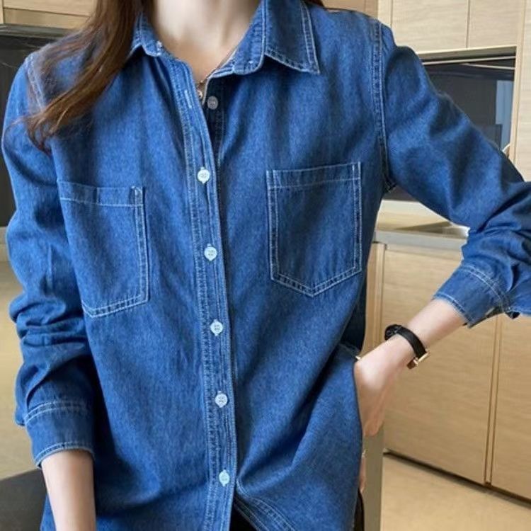 Washed denim shirt women's  spring and autumn loose long-sleeved mid-length layered shirt design niche jacket