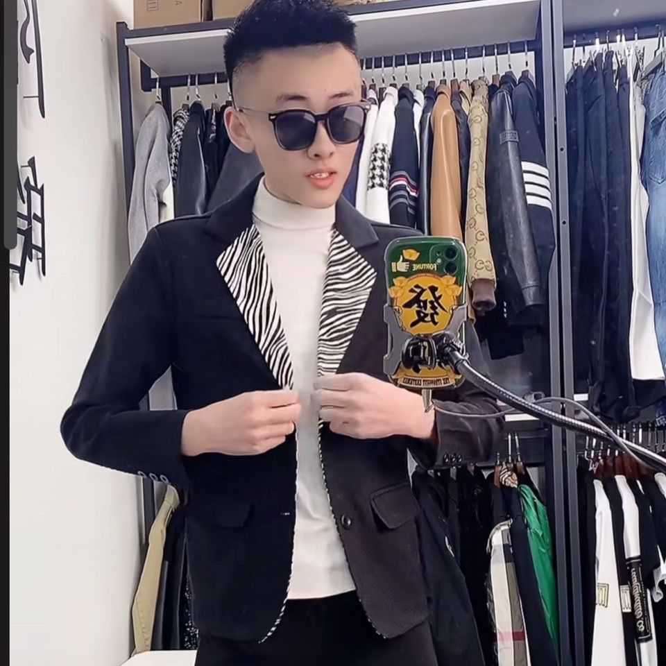 社会精神小伙西服男发型师夜场西装男上衣斑马纹西服套装/单件男