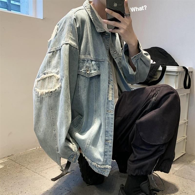 Summer ripped street jacket senior model male spring and autumn ruffian handsome trend Hong Kong style European and American tops tooling denim jacket