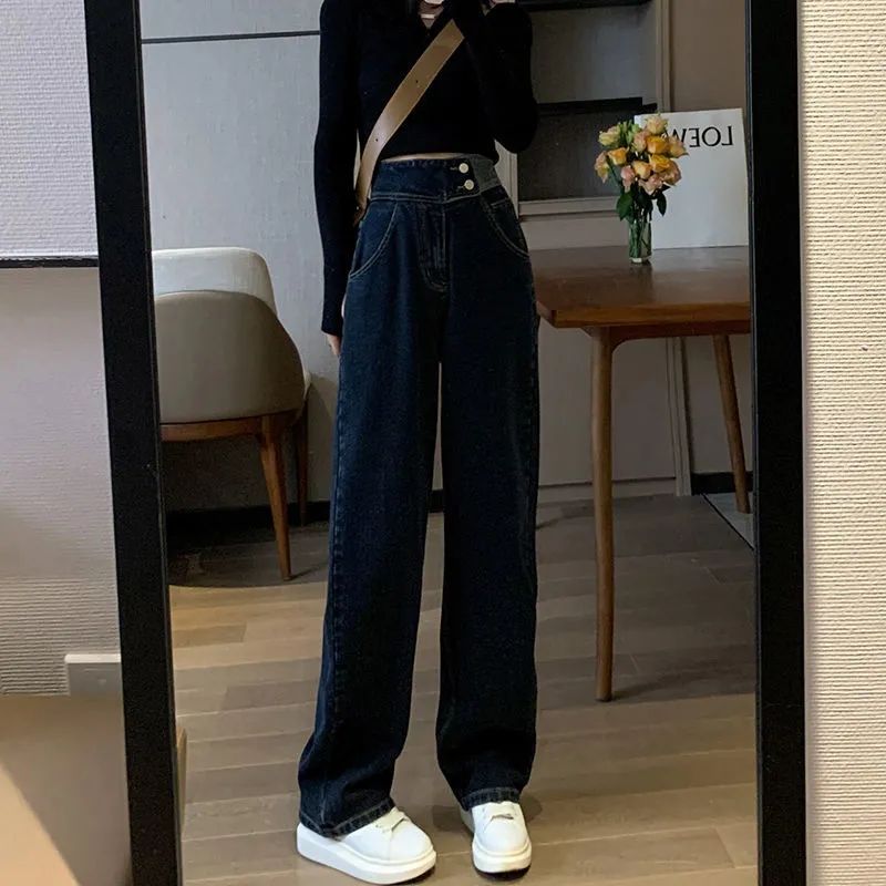 深藍色牛仔褲女2023新款高腰設計感辣妹直筒寬鬆顯瘦闊腿拖地褲子